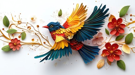 Wall Mural - Papercraft Bird with Flowers