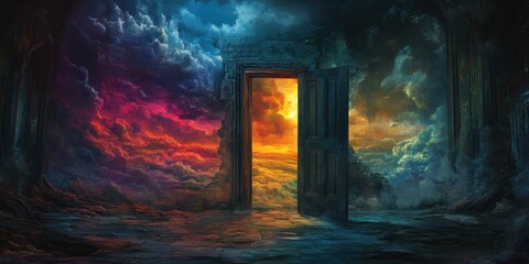 Wall Mural - Open doorway reveals a sky of clouds.