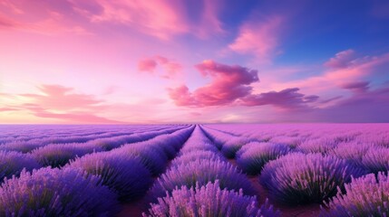 Wall Mural - A field of lavender stretching to the horizon under a pastel-colored sky