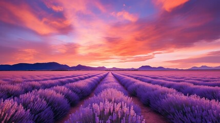 Wall Mural - A field of lavender stretching to the horizon under a pastel-colored sky