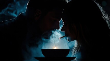   A man and a woman share a passionate kiss in a dimly lit room filled with the scent of smoke from a lit candle