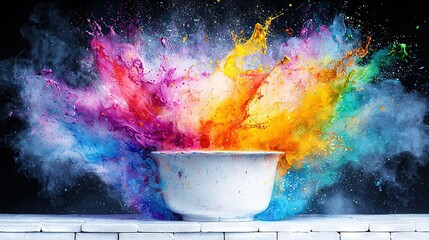 Wall Mural -   A white cup holds colorful powder atop a brick wall, set against a black backdrop