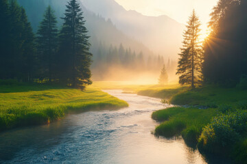 Wall Mural - Misty River Sunrise.