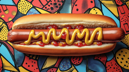 Hot dog with mustard and ketchup on a bun, colorful pop art-inspired background.
