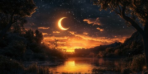 Wall Mural - Crescent moon, starry sky over a lake.