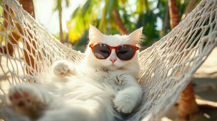 White cat lounging in a hammock, sporting cool sunglasses, enjoying a laid-back day.