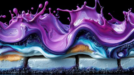   Close-up of white brick wall with swirling purple and blue pattern on top