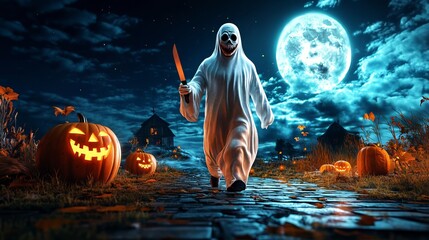 A scary ghost killer holding a knife walks on moonlight night scene with pumpkin. Spooky haunted Halloween background, Halloween illustration for banner and poster design.