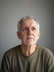 Aufkleber - An elderly man with gray hair looks upward, reflecting in a minimalistic indoor space. Natural light softly illuminates his contemplative expression. Generative AI