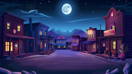 Wall Mural - The Night wild west city street with old wooden houses, game background, Illustration