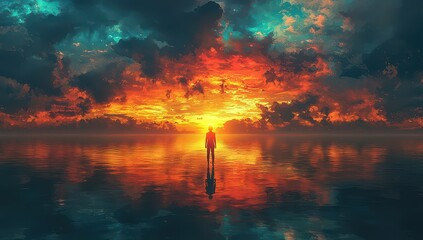 Wall Mural - A river with an endless horizon, reflecting the sky and clouds in psychedelic colors. In front of it stands a figure holding a light 