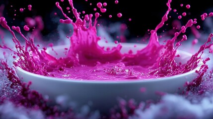 Canvas Print -   A white bowl sits atop a white table, holding pink liquid with foamy white and pink bubbles surrounding it