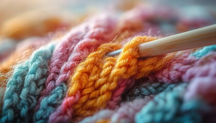 Knitting needles creating a detailed pattern in soft yarn