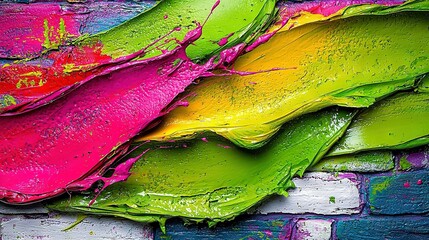 Wall Mural -   A close-up of a mural on a brick wall, featuring an array of vibrant colors such as green, pink, yellow, and red