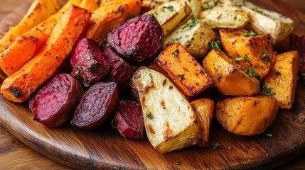 A colorful assortment of roasted vegetables on a wooden platter.