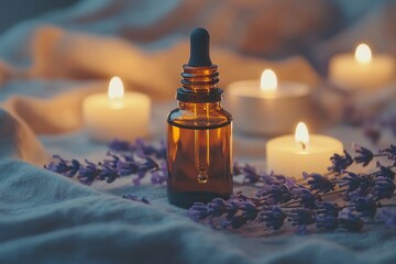 Rustic Amber Essential Oil Bottle on Linen Cloth with Dried Lavender Flowers and Candles with Copy Space