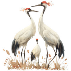 A colorful illustration of three red-crowned cranes standing in a grassy meadow. Two adult cranes are standing tall, with their heads facing each other, while a younger crane stands in front of them