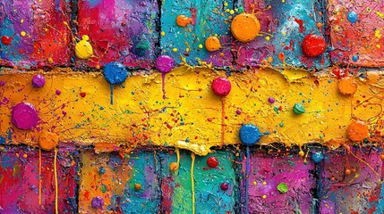 Wall Mural -   A close-up of a vibrantly colored wall adorned with numerous paint splatters