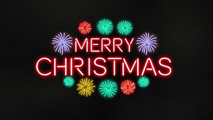 Wall Mural - festive neon backlit style of the word merry Christmas with neon fireworks on a black grainy background