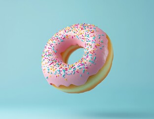 National Dessert Day. 3D rendering of a pink doughnut with sprinkles, flying against a blue background. Minimalist food concept, close-up.