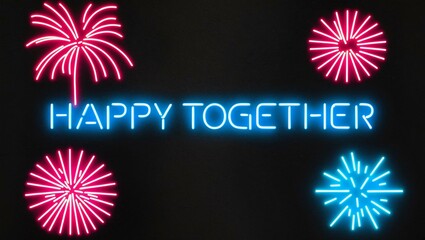 festive neon backlit style of the word happy together with neon fireworks on a black grainy background