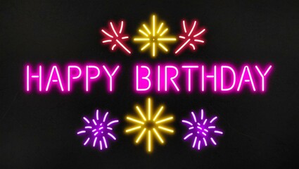 Sticker - festive neon backlit style of the word happy birthday with neon fireworks on a black grainy background