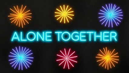 Wall Mural - festive neon backlit style of the word alone together with neon fireworks on a black grainy backgrou