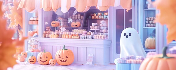 Playful cartoon Halloween candy shop pastel hues charming ghosts pumpkin displays ghostly decorations cozy and festive Halloween ambiance joyful and whimsical Halloween magic