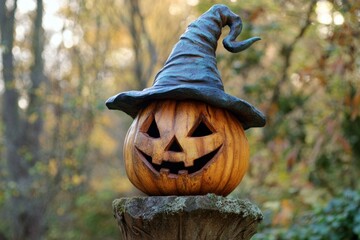 Halloween pumpkin with witch hat on head standing outdoors in garden