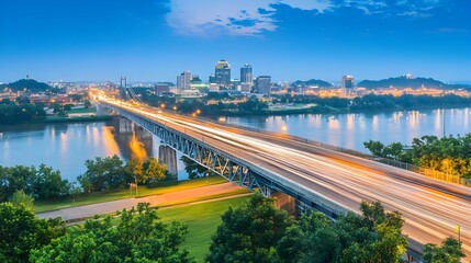 Poster - Illuminating Cityscape with Glowing Bridge and Bustling Traffic at Dusk