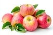 © kinara art design - A cluster of fresh red apples with green leaves on a white background.