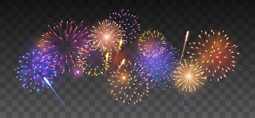 Vector decorative border with colorful exploding fireworks in the sky on transparent background - celebration card, festival banner