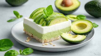 Wall Mural -   A white plate showcases a slice of cake alongside sliced avocado and a whole avocado