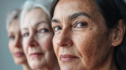 Aufkleber - Three older women with different hair colors and styles gaze confidently ahead, reflecting their unique personalities in a serene indoor environment. Generative AI