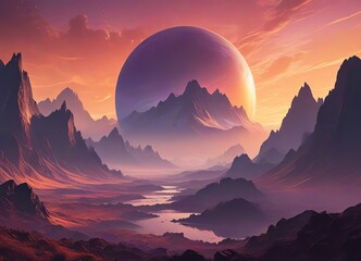 Wall Mural - An illustration of an otherworldly landscape scene on an alien planet at sunset