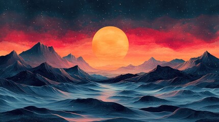 Poster - A surreal landscape with a giant orange sun, mountains and a starry night sky.