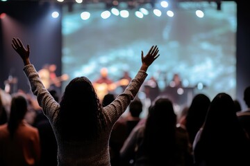 Hands in the air, people who are praising God and Jesus at a church service with worship band in the background,