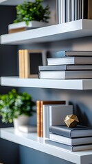 Wall Mural - An office with sleek floating shelves holding blurred books and decor. The blur softens the items, creating a clean and organized feel