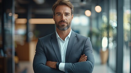 Confident businessman in a modern office setting, exuding professionalism and poise.