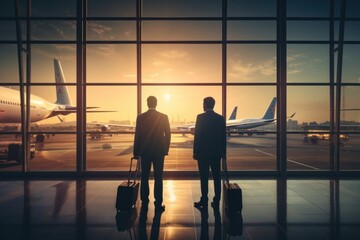 Two business travellers airport standing airplane.