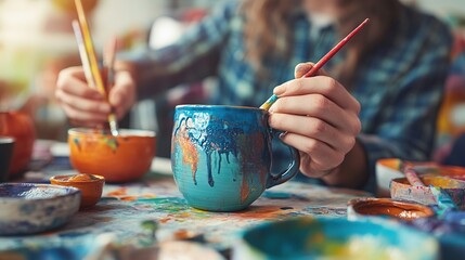 Man learning color painting self-made pottery mug with friends at home. Confidence male enjoy handicraft activity lifestyle hobbies ceramic sculpture painting. copy space.