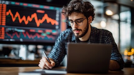 man working on laptop in the office, watching stock market. copy space for text.