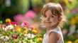 © Anat art - A cheerful young girl looks back with a smile, surrounded by blooming flowers in a lush garden on a bright day. Generative AI