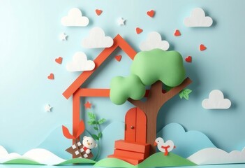 Papercraft scene with a house, tree, clouds, and animals.