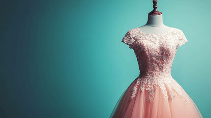 Sticker - Elegant pink dress with lace bodice and tulle skirt on a mannequin.