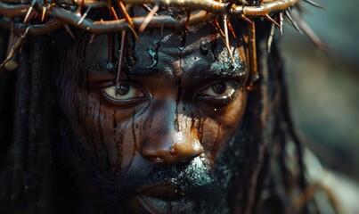 Portrait of black Jesus Christ with crown of thorns on his head. Black and white photorealistic portrait. Close-up, Generative AI