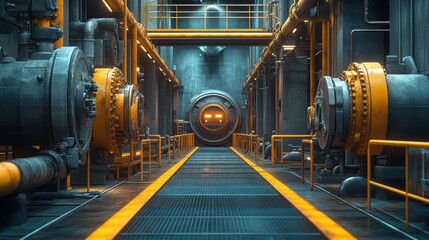 Wall Mural - An industrial corridor with machinery and pipes symbolizing engineering, complexity, and industrial systems.