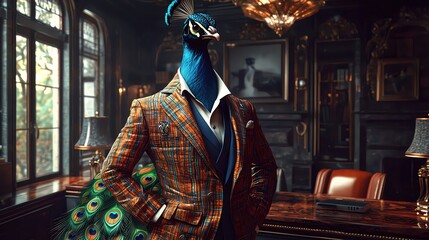 A sophisticated peacock dressed in a stylish suit, posing in an elegant, vintage office setting with luxury decor.