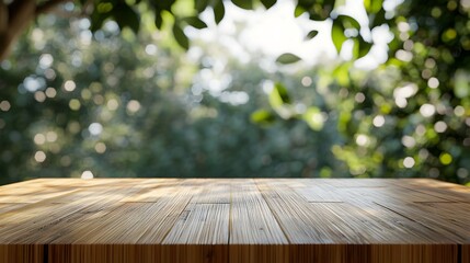 Wall Mural - Peaceful Wooden Desk with Blurred Natural Foliage in the Background