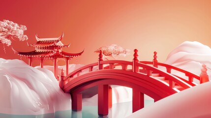 Wall Mural - 3D Chinese style arch bridge illustration